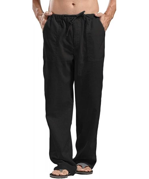 Sleep Bottoms Men's Linen Pants Casual Elastic Waist Drawstring Yoga Beach Trousers - 1 - Black - C118WH6XND5
