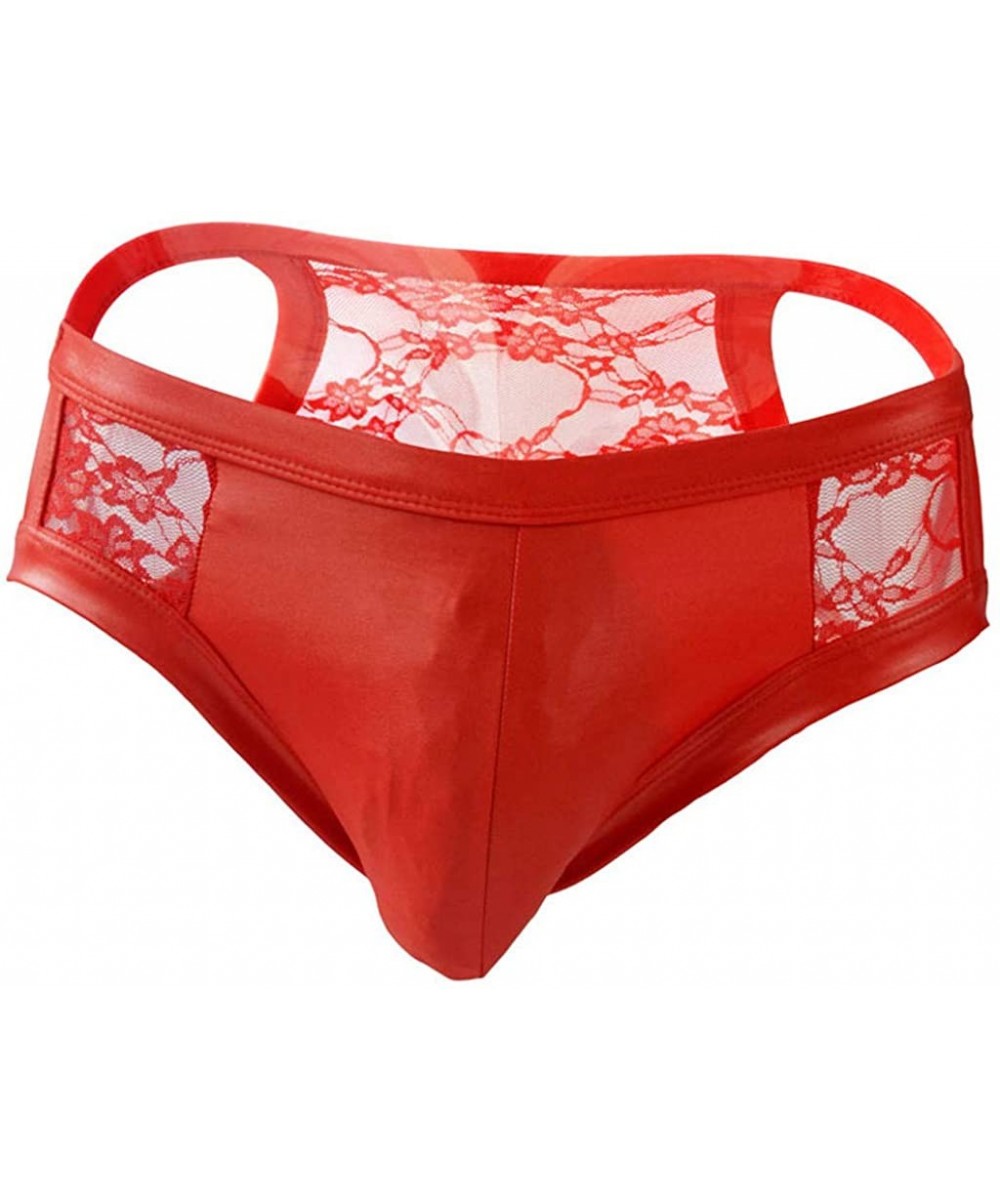 Briefs Men's Sissy Transparent Lingerie Sissy Lace Underwear Thong Crossdress Briefs - Red - CP195ZWZW0I