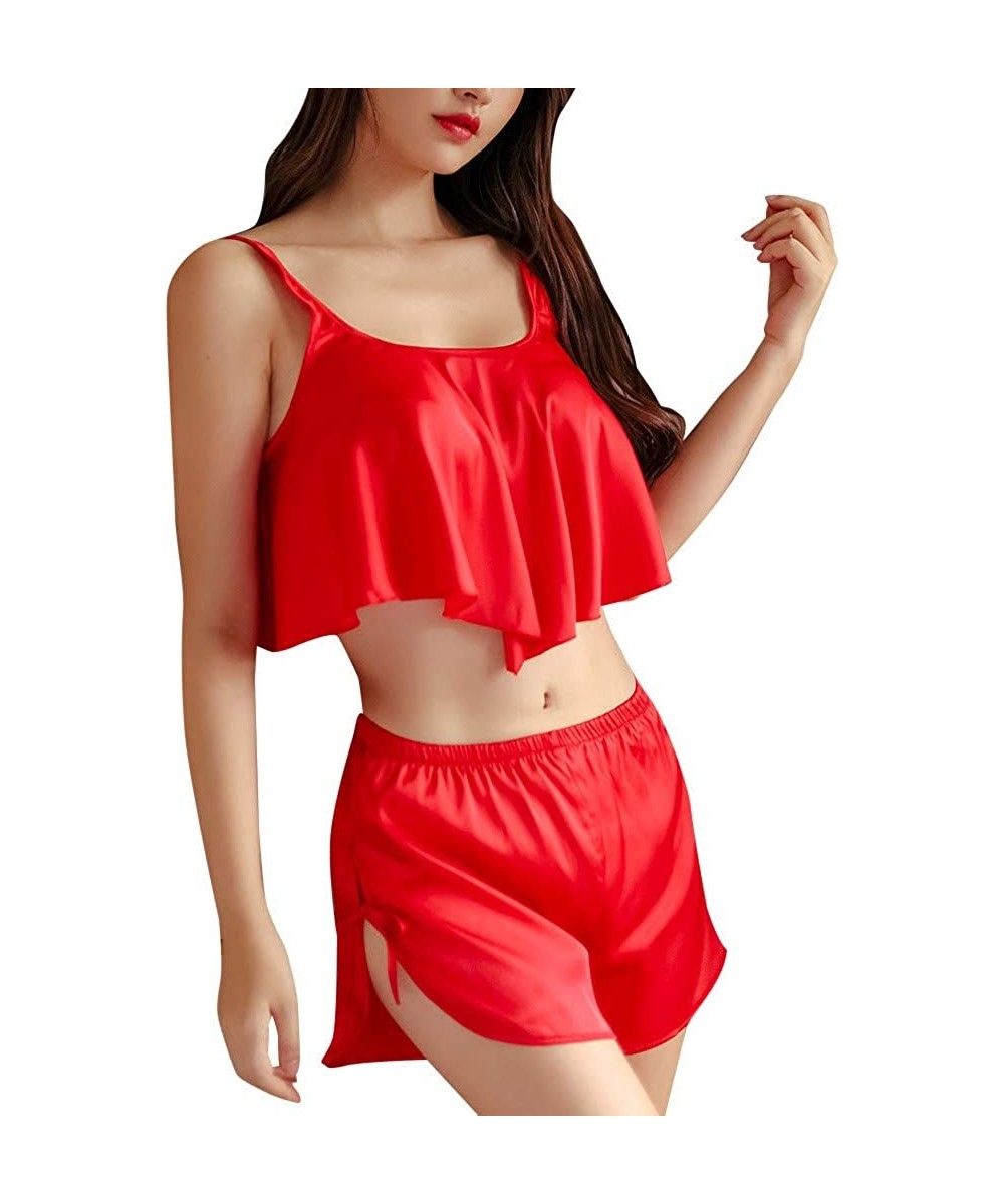 Sets Lingerie for Women for Sex- Womens Sexy V-Neck Comfortable Camisole Shorts Set Sleepwear Lingerie - Red - C618AG3SOT8
