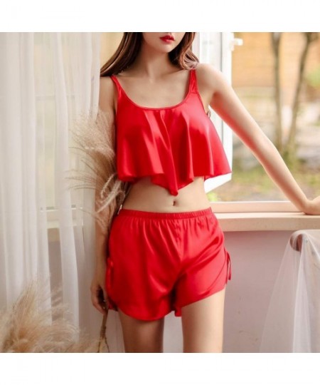 Sets Lingerie for Women for Sex- Womens Sexy V-Neck Comfortable Camisole Shorts Set Sleepwear Lingerie - Red - C618AG3SOT8