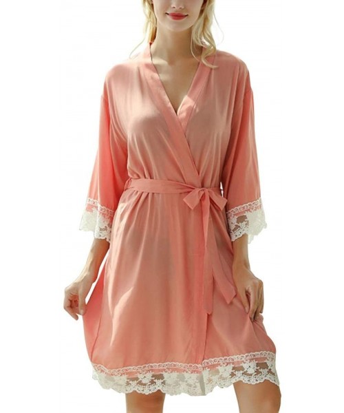 Robes Women Sleepwear- 3/4 Sleeve Lace Patchwork Waist Belt Robe V Neck Dress Pink S - Pink - C019CAO8KTH