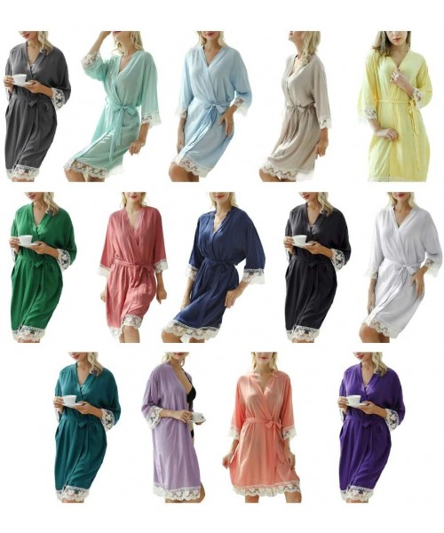 Robes Women Sleepwear- 3/4 Sleeve Lace Patchwork Waist Belt Robe V Neck Dress Pink S - Pink - C019CAO8KTH