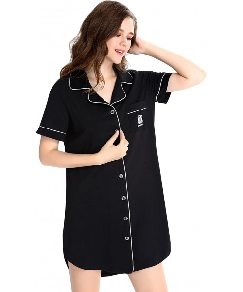 Nightgowns & Sleepshirts Womens Nightshirt Short Sleeves Pajama Boyfriend Shirt Dress Nightie Sleepwear PJ - Black-1 - C018ED...