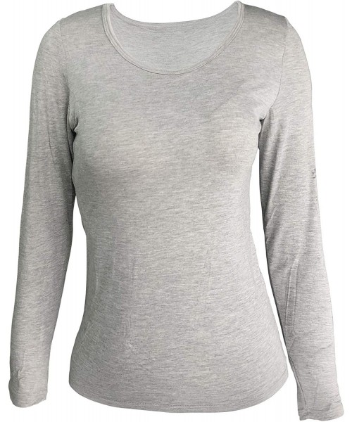 Tops Women's Modal Padded Long Sleeve Basic T-Shirts Built-in-Bra Crew Neck Slim Fit Yoga Tops Plus Size Tees - Grey - CE18IR...