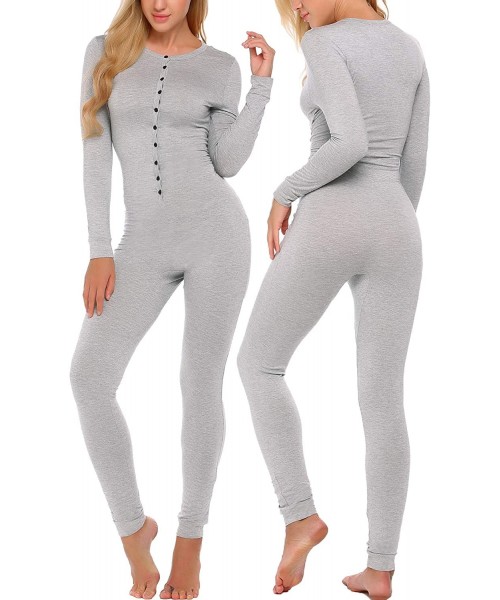 Sets Women's Onesie Pajmas Bandage One Piece Bodysuit Sleep Romper Underwear Long Sleeve Jumpsuit Sleepwear - Grey - CO1852094SN