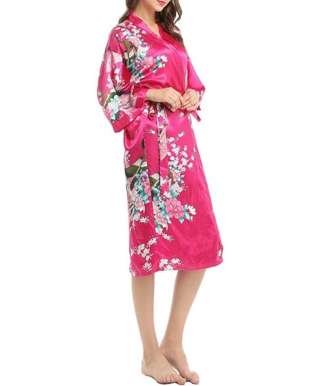 Robes Women's Floral Kimono Satin Robe V-Neck Bridesmaids Nightgown Sleepwear - Fushcia - CV197QLHR0W