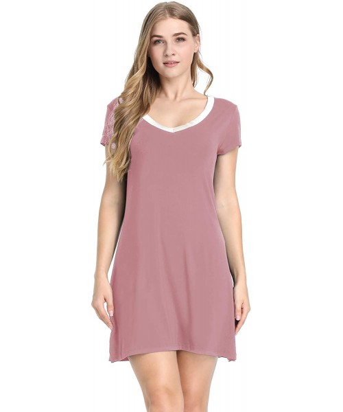 Nightgowns & Sleepshirts Womens Soft Bamboo Short Sleeve V-Neck Nightgown Night Shirt Sleep Dress - Dusty Rose - CN196OHIE0Q