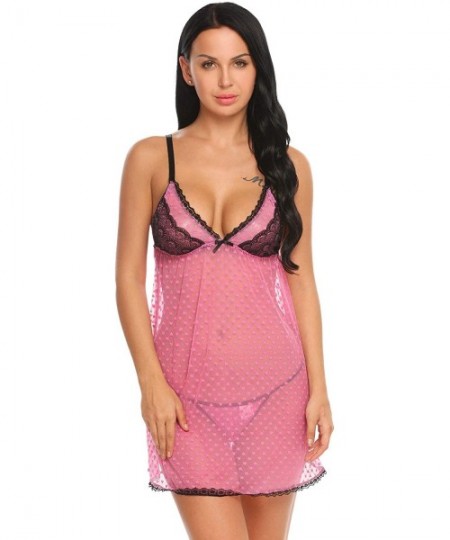 Baby Dolls & Chemises Women's Lingerie Lace Babydoll Strap Chemise Nighty Mesh Sleepwear Outfits - Pink (6826) - CH18T4EK7D3