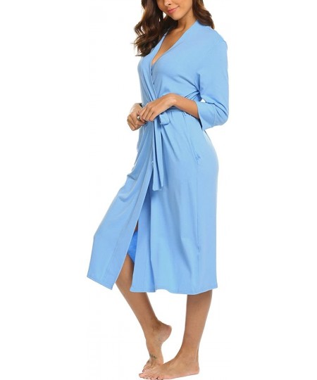 Robes Womens Robe Knit Bathrobe Sleepwear Loungewear Lightweight Kimono Robes Long (S-XXL) - Light Blue - CL18EHQR56D