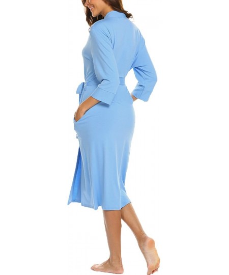 Robes Womens Robe Knit Bathrobe Sleepwear Loungewear Lightweight Kimono Robes Long (S-XXL) - Light Blue - CL18EHQR56D