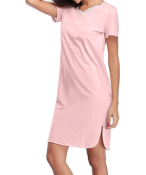 Nightgowns & Sleepshirts Women's Nightgown Cotton Sleep Dress Floral Lace V Neck Short Sleeve Nightshirt Sleepwear with Side ...
