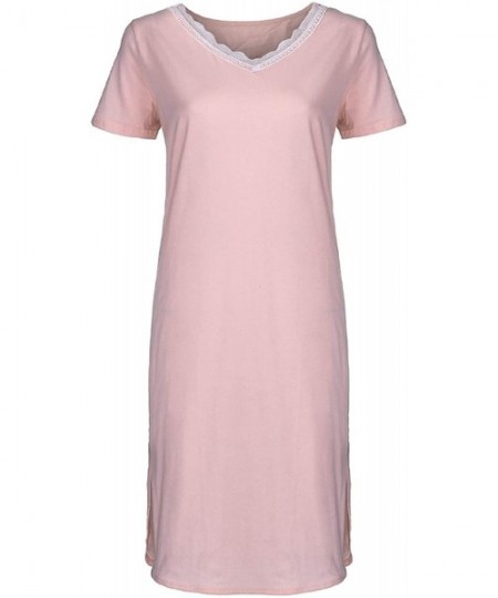 Nightgowns & Sleepshirts Women's Nightgown Cotton Sleep Dress Floral Lace V Neck Short Sleeve Nightshirt Sleepwear with Side ...