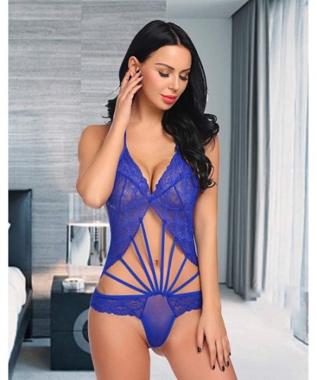 Baby Dolls & Chemises Women Lingerie One Piece Lace Teddy Sexy Babydoll Bodysuit Deep V Outfits - Style 1-blue - CT1895GA80R