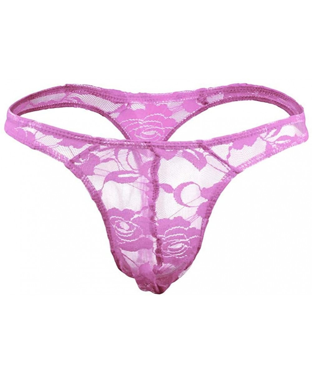 G-Strings & Thongs Men's lace G-String Thongs T-Back See Through Bikini Briefs Underwear - Pink - CU18D946H5C