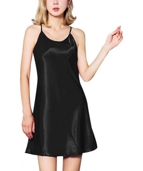 Robes Women Lingerie Satin Full Slip Strap Chemises Midi Sleepwear Simple Elegant Nightshirts - Black - C218O3ZK6IL