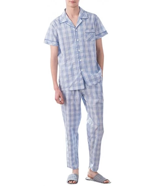 Sleep Sets Mens Cotton Woven Pajama Set Plaid Sleepwear Short Sleeve Button Down Soft 2 Piece PJs - Light Blue - CD197WHW27X