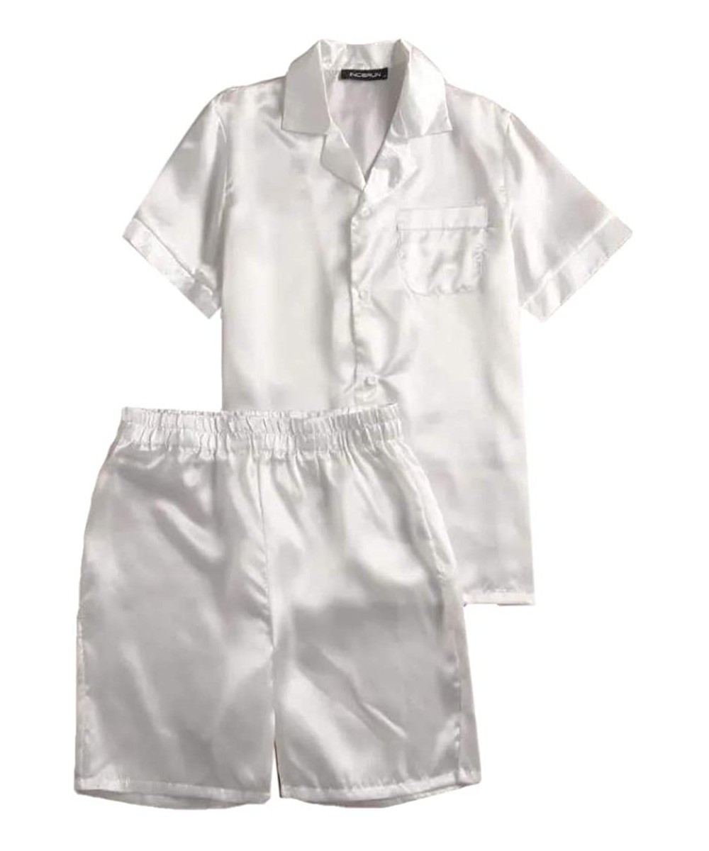 Sleep Sets Satin Solid Summer Button Up Pajamas Set with Shorts - White - CG199XR9NY3