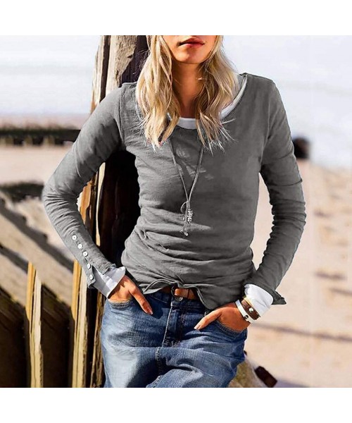 Garters & Garter Belts Women Solid Blouse Casual Round Neck Long Sleeve Button Cuffs Slim Fit T -Shirt Tops Tunics - Gray - C...