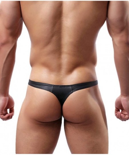 G-Strings & Thongs Men's PU Leather Underwear- Sexy Tight Thong- Swim G-Strings - Black - CG18ACZYO3Q