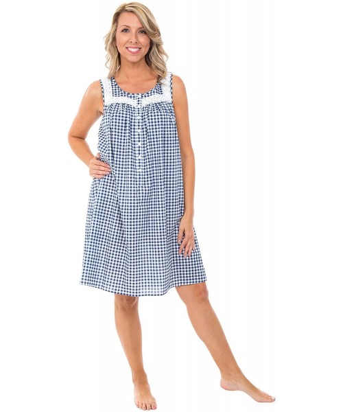 Nightgowns & Sleepshirts Womens 100% Cotton Lawn Sleepwear- Nighgown or Pj Set - Navy Blue Gingham - CZ1880M8RDM