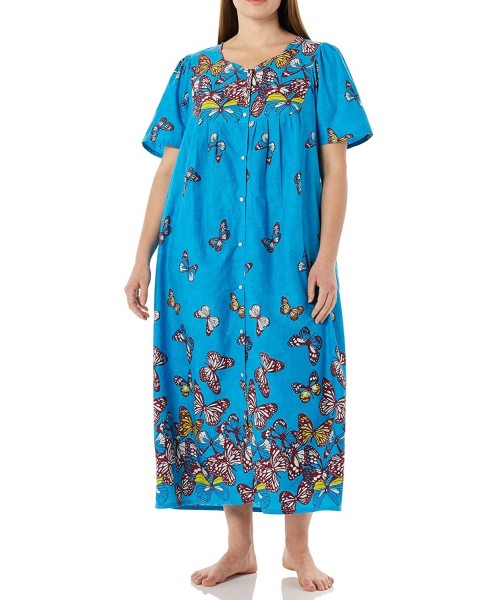 Nightgowns & Sleepshirts Women's Long House Dress with Pockets - Short Sleeve Patio Dress - Blue Butterflies - CB195HXGXRX