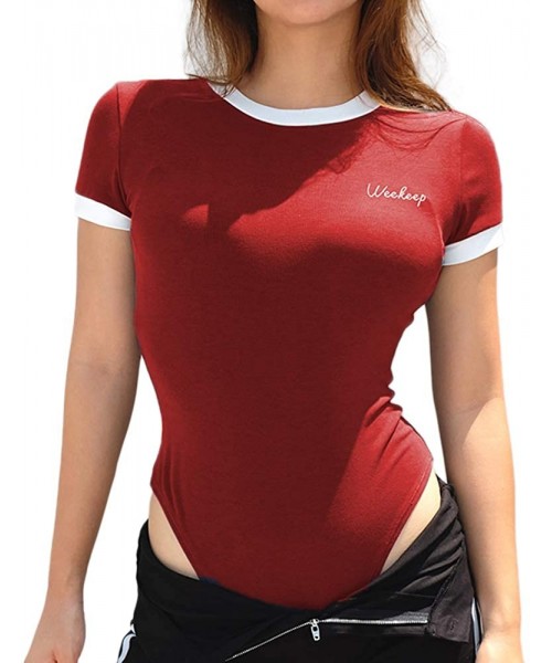Shapewear Women's Basic T Shirts Short Sleeve Stretchy Bodysuit Leotard Tops Round Neck Ribbed Knit Tee Jumpsuit - A-red - CF...