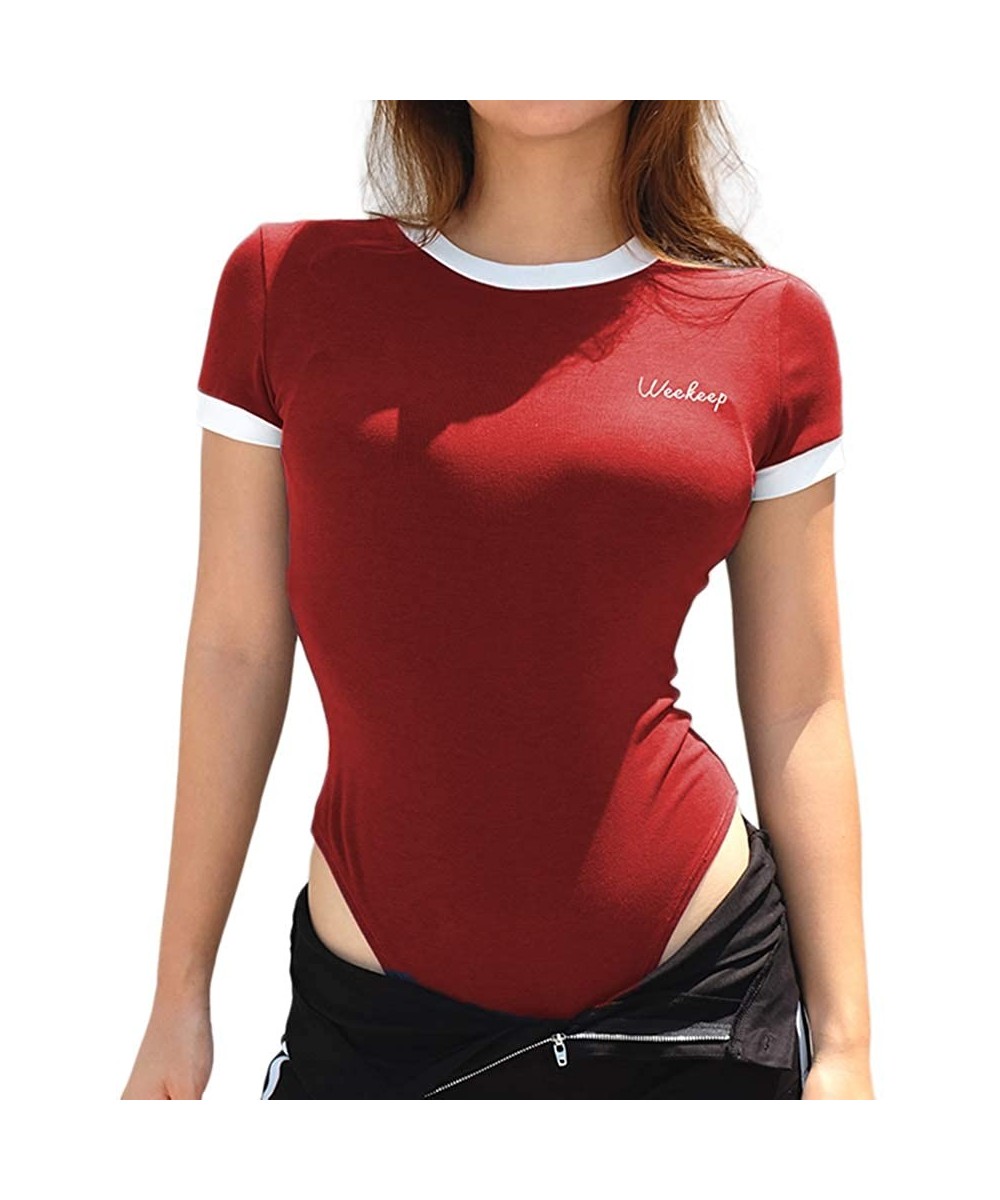 Shapewear Women's Basic T Shirts Short Sleeve Stretchy Bodysuit Leotard Tops Round Neck Ribbed Knit Tee Jumpsuit - A-red - CF...