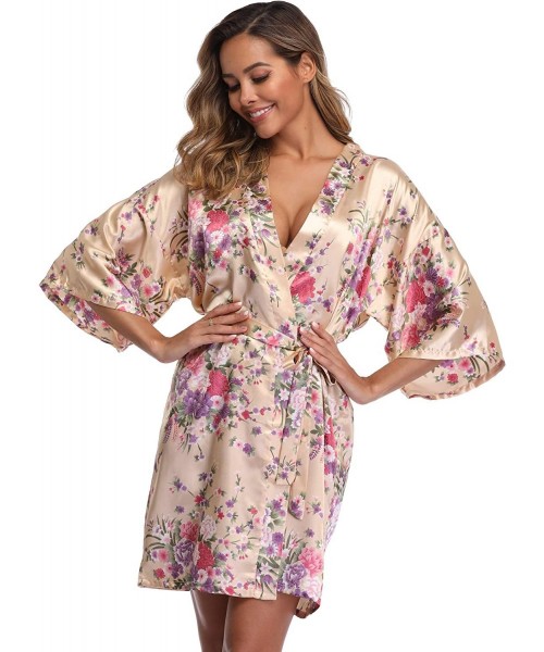 Robes Womens Short Silky Robes Floral Kimono Bathrobes Lightweight Satin Bridesmaid Nightgown Wedding Party - Champagne - CF1...