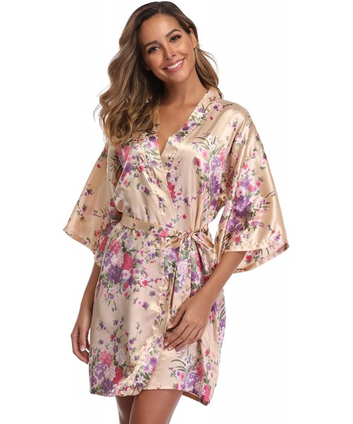 Robes Womens Short Silky Robes Floral Kimono Bathrobes Lightweight Satin Bridesmaid Nightgown Wedding Party - Champagne - CF1...