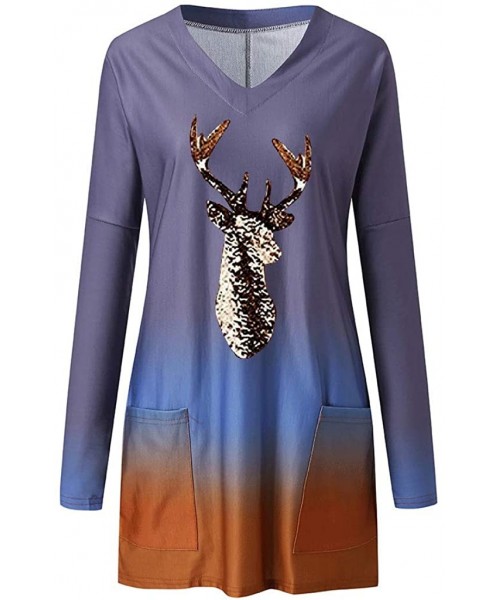 Baby Dolls & Chemises Christmas Tunic Tops Womens Reindeer Graphic Long Sleeve T-Shirt Blouse with Pockets - Purple - C5192N3...
