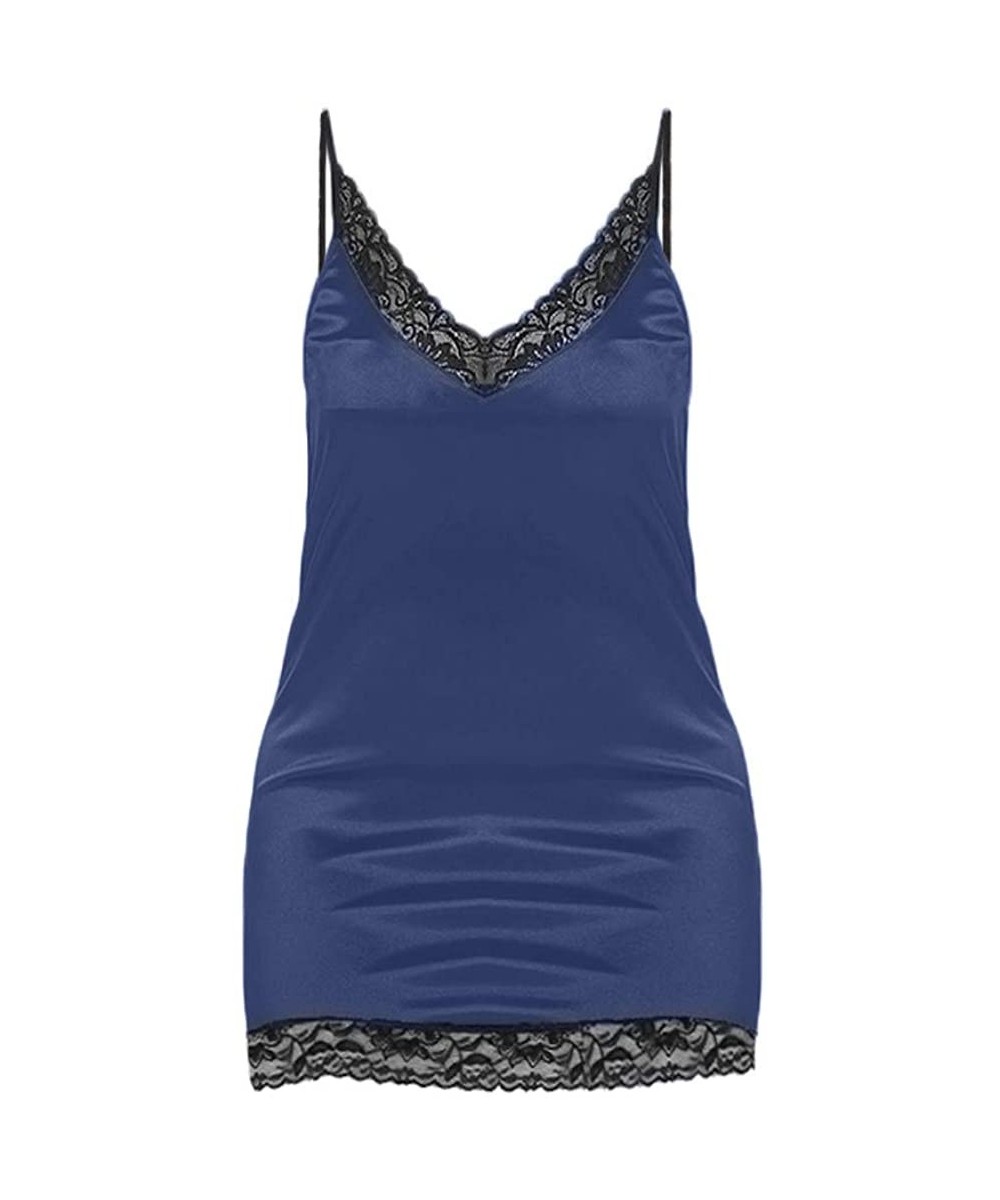 Slips Babydoll Nightwear Sleepskirt for Womens- Night Dress Plus Size Sexy Lace Lingerie Sling Satin V Neck Sleepwear - Blue ...