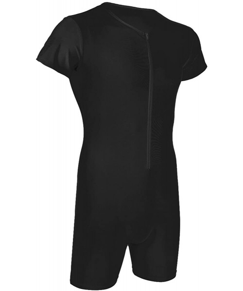 Boxers Men's Soft Spandex Short Sleeve Front Zipper Bodysuit Leotard Workout Sport Unitard - Black - C918NUH57ST