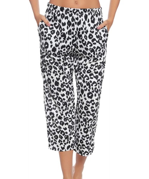 Bottoms Women's Cotton Pajama Capri Pants Lace Nightwear Cropped Bottoms with Pockets - Leopard-white - C018T2MX8KT