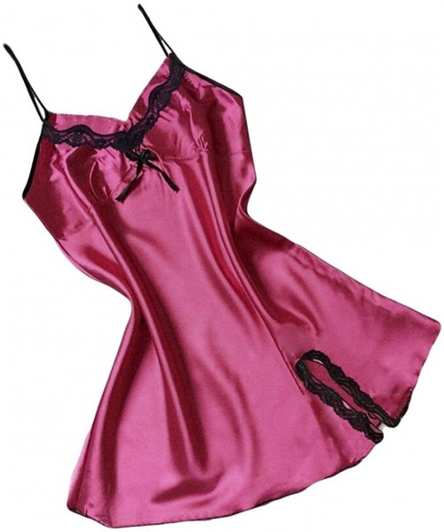 Baby Dolls & Chemises Sexy V Neck Nightdress Women's Satin Lace Full Slip Chemise Silk Nightgown Sleepwear - Wine Red - C418H...