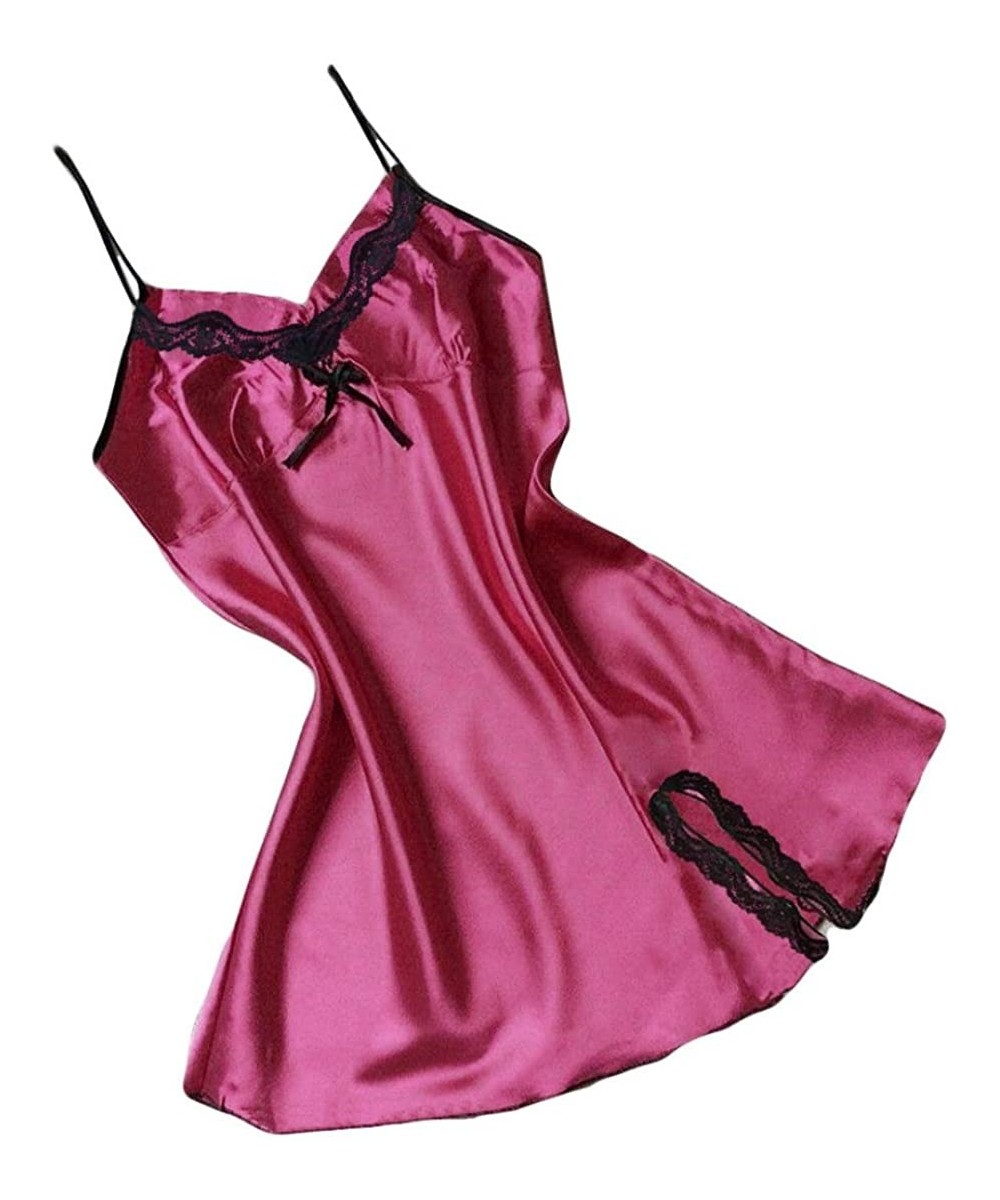 Baby Dolls & Chemises Sexy V Neck Nightdress Women's Satin Lace Full Slip Chemise Silk Nightgown Sleepwear - Wine Red - C418H...
