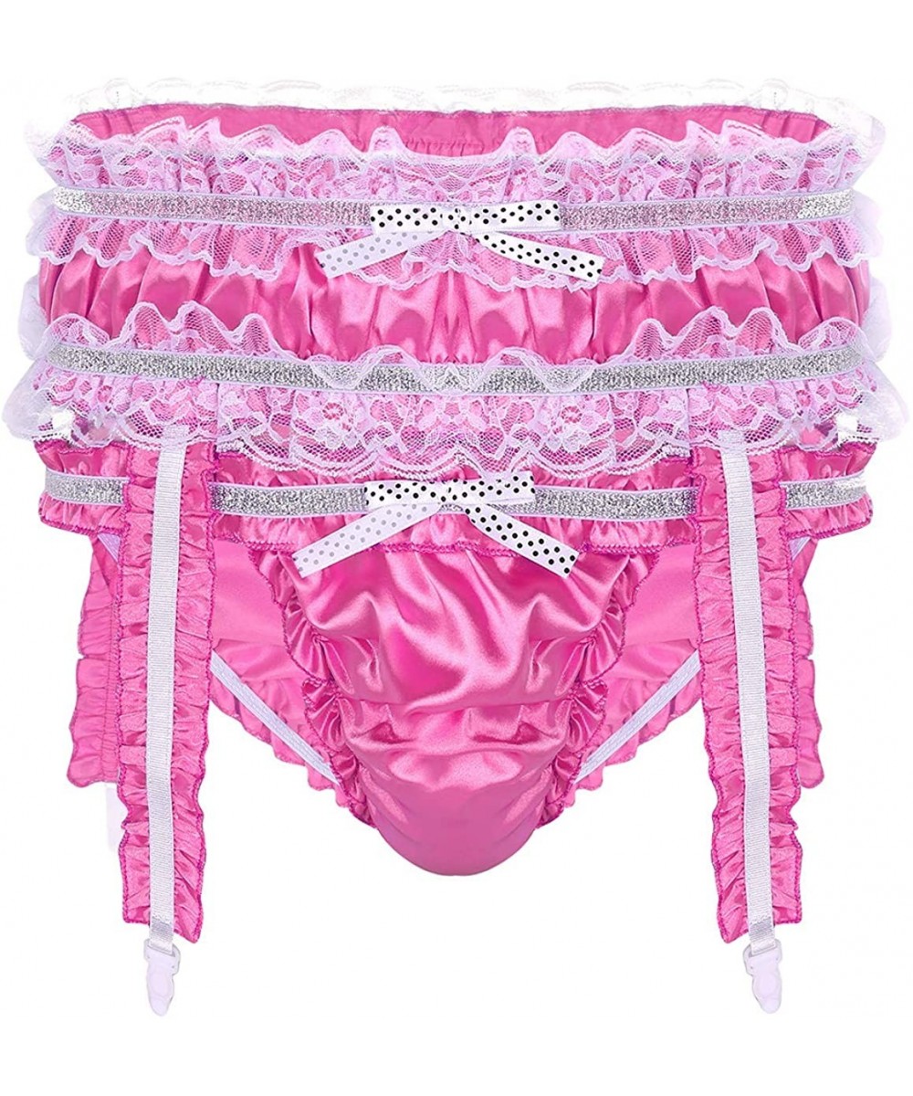 Briefs Men's Frilly Satin Sissy Pouch Briefs Crossdress Underwear Stretchy Panties with Garters - Rose - CS19D363Y35