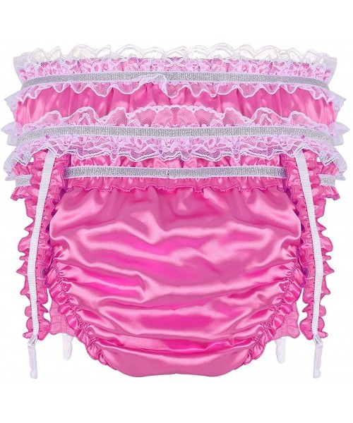 Briefs Men's Frilly Satin Sissy Pouch Briefs Crossdress Underwear Stretchy Panties with Garters - Rose - CS19D363Y35