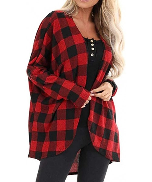 Thermal Underwear Women's Plaid Print Cardigan Jacket Pullover Open Front Coat Casual Outerwear - Red - CO19233DZXN