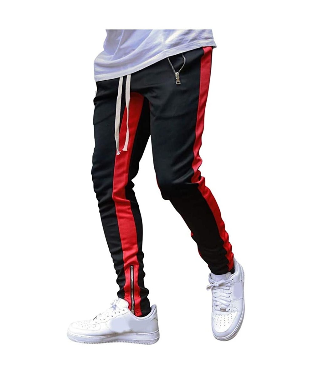 Bikinis Mens Jogger Pants Slim Fit Side Stripe Casual Tapered Sweatpants with Zip Pockets and Bottom - Red - CZ193LNYNDD