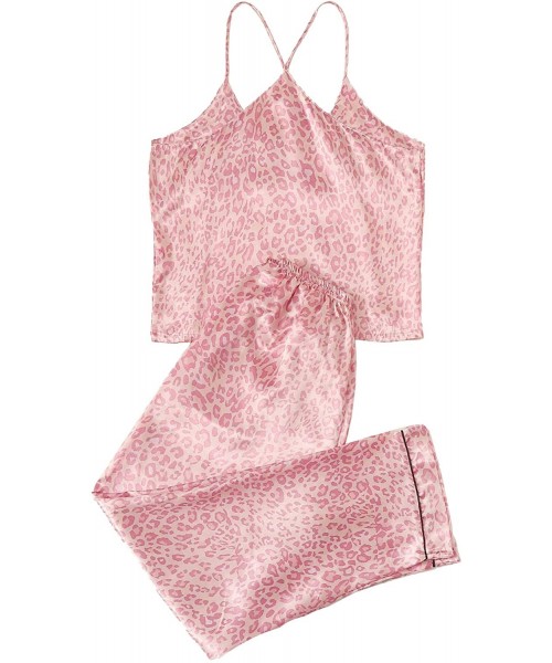 Sets Women's Leopard Satin Pajamas Set Sleeveless Cami Shorts Sleepwear Nightwear - Pink - C319C96DNLQ