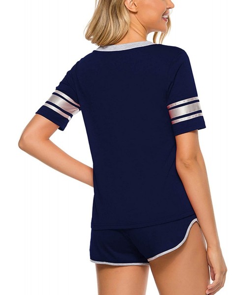 Sets Women's Cotton Pajama Set Short Sleeve Comfy Pjs Shorts V Neck Solid 2 Piece Sleepwear - Navy - CE1905LI48O